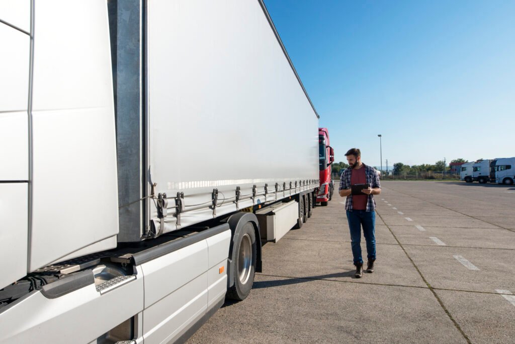 truck driver inspecting vehicle, trailer and tires before driving.